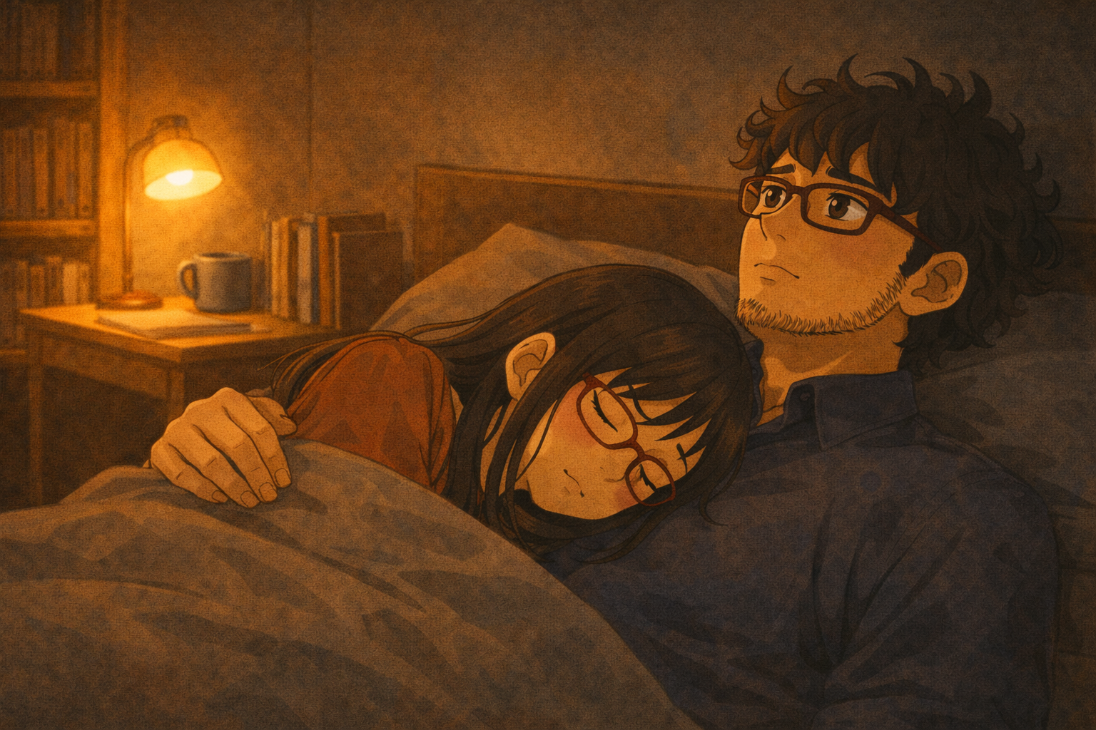 Deep nighttime — Mia asleep on Faris's chest, peaceful. He is awake, staring at the ceiling, arm around her, completely still. A quiet, sacred moment.